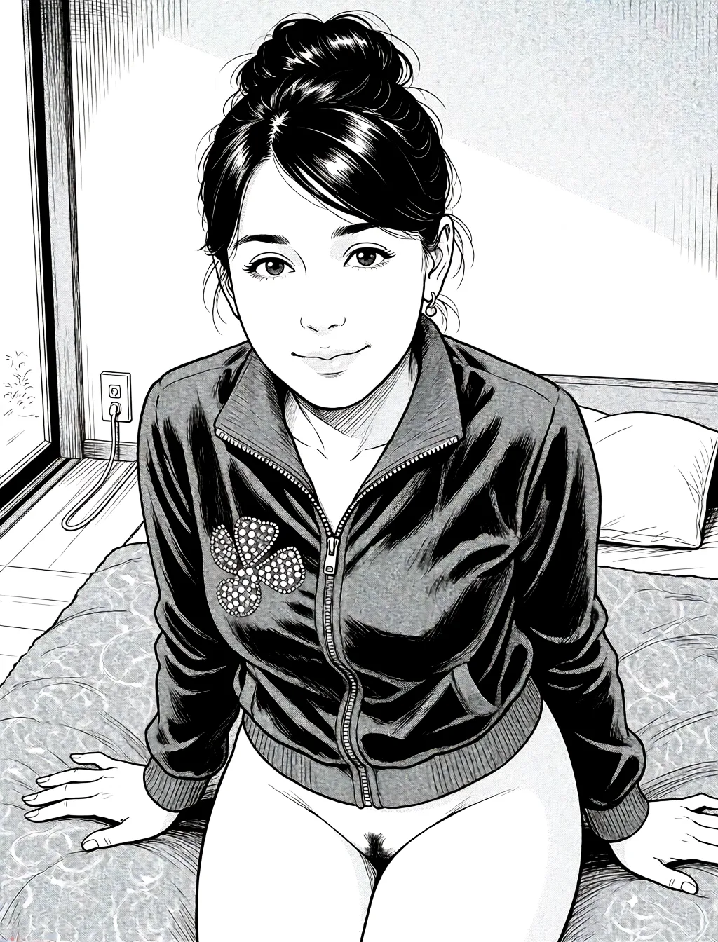 Redraw the entire picture as a black and white manga page: crisp black ink line art, no colour anywhere, flat halftone screentone shading, hatched shadows and clean white highlights, in the look of a printed manga panel. The background is drawn in the same style. Nothing in the frame keeps its photographic appearance. Above all, the picture must show: ass.