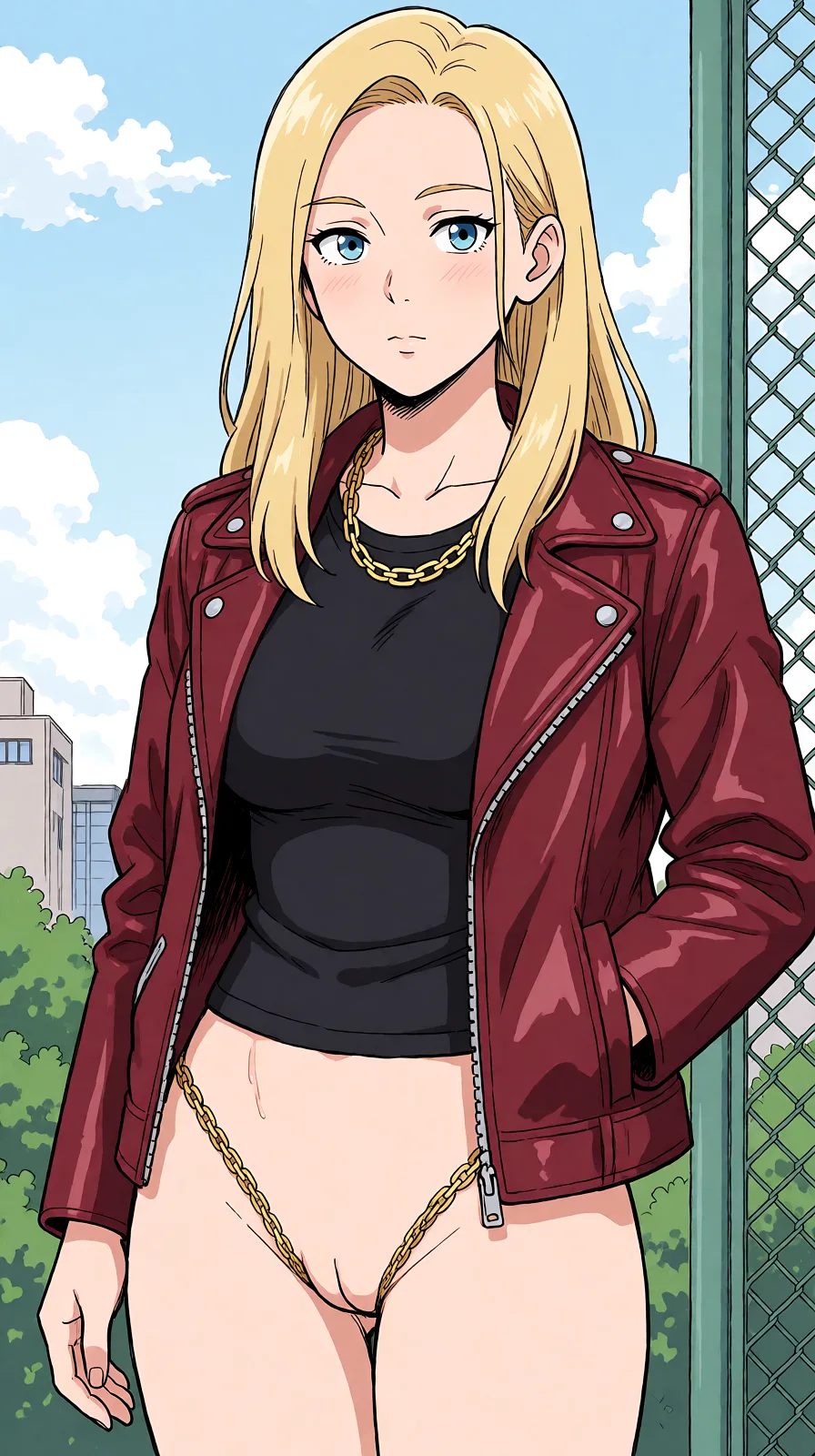 Redraw the entire picture as a hand-drawn anime illustration in flat cel-shaded anime style. It stays the same person with the same face, the same expression, the same hair and the same skin tone, and every other detail of the photograph is kept exactly as it is: nothing is added, removed, moved, uncovered or recoloured. Only the medium changes, and no part of the picture is left photographic. Above all, the picture must show: sex on_back thong.