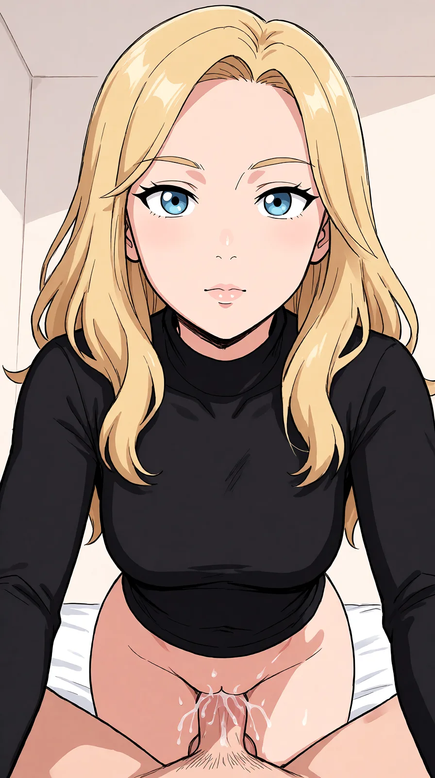 Redraw the entire picture as a hand-drawn anime illustration in flat cel-shaded anime style. It stays the same person with the same face, the same expression, the same hair and the same skin tone, and every other detail of the photograph is kept exactly as it is: nothing is added, removed, moved, uncovered or recoloured. Only the medium changes, and no part of the picture is left photographic. Above all, the picture must show: thong sex_from_behind.