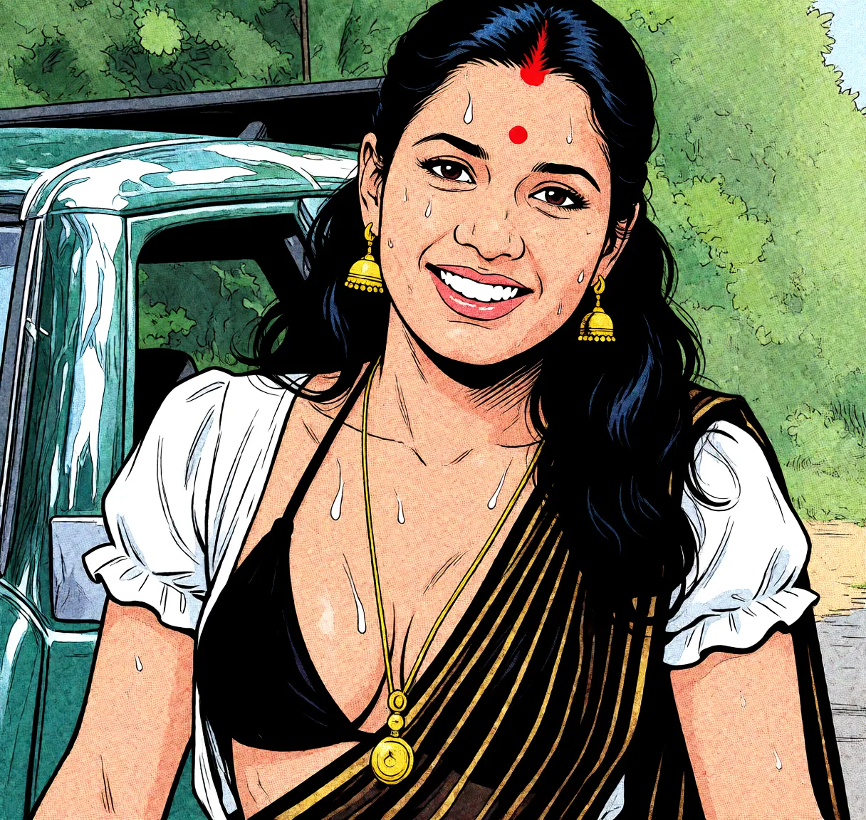 Redraw the entire picture as western comic-book art: heavy black inked outlines, hard-edged cel shading, limited high-contrast colour and visible halftone dot texture. The background is drawn in the same style. Nothing in the frame keeps its photographic appearance. Above all, the picture must show: bikini.