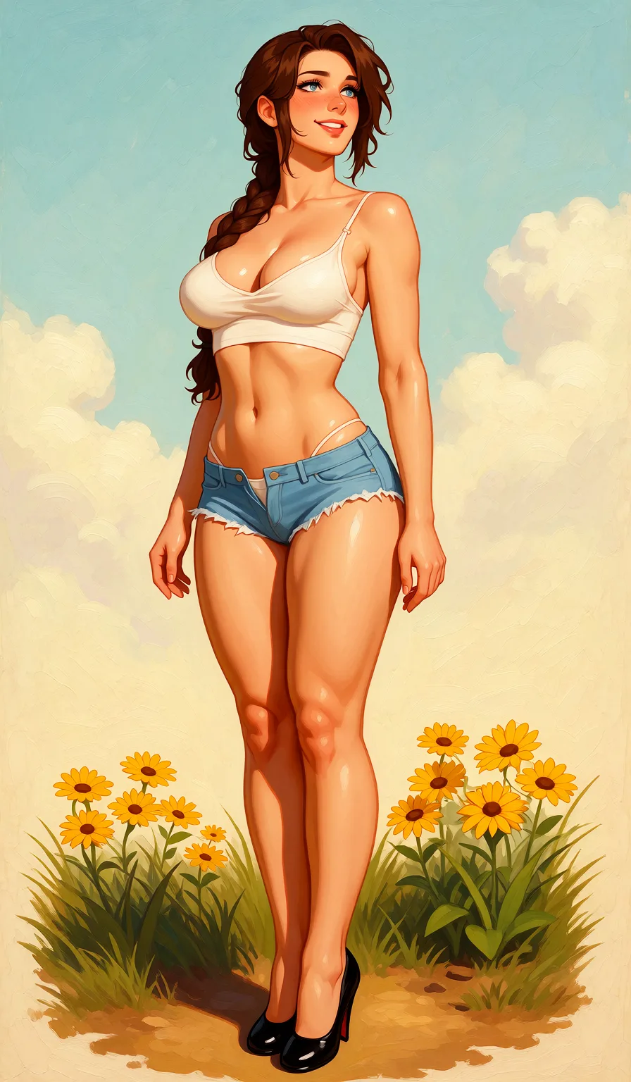 Redraw the entire picture as a retro pin-up illustration: smooth airbrushed gouache paint, warm saturated mid-century colour, clean confident outlines and glamorous stylised features, in the look of a 1950s pin-up poster. The background is painted in the same style. Nothing in the frame keeps its photographic appearance. Above all, the picture must show: Full body view, black high heels, Face Lara Croft.