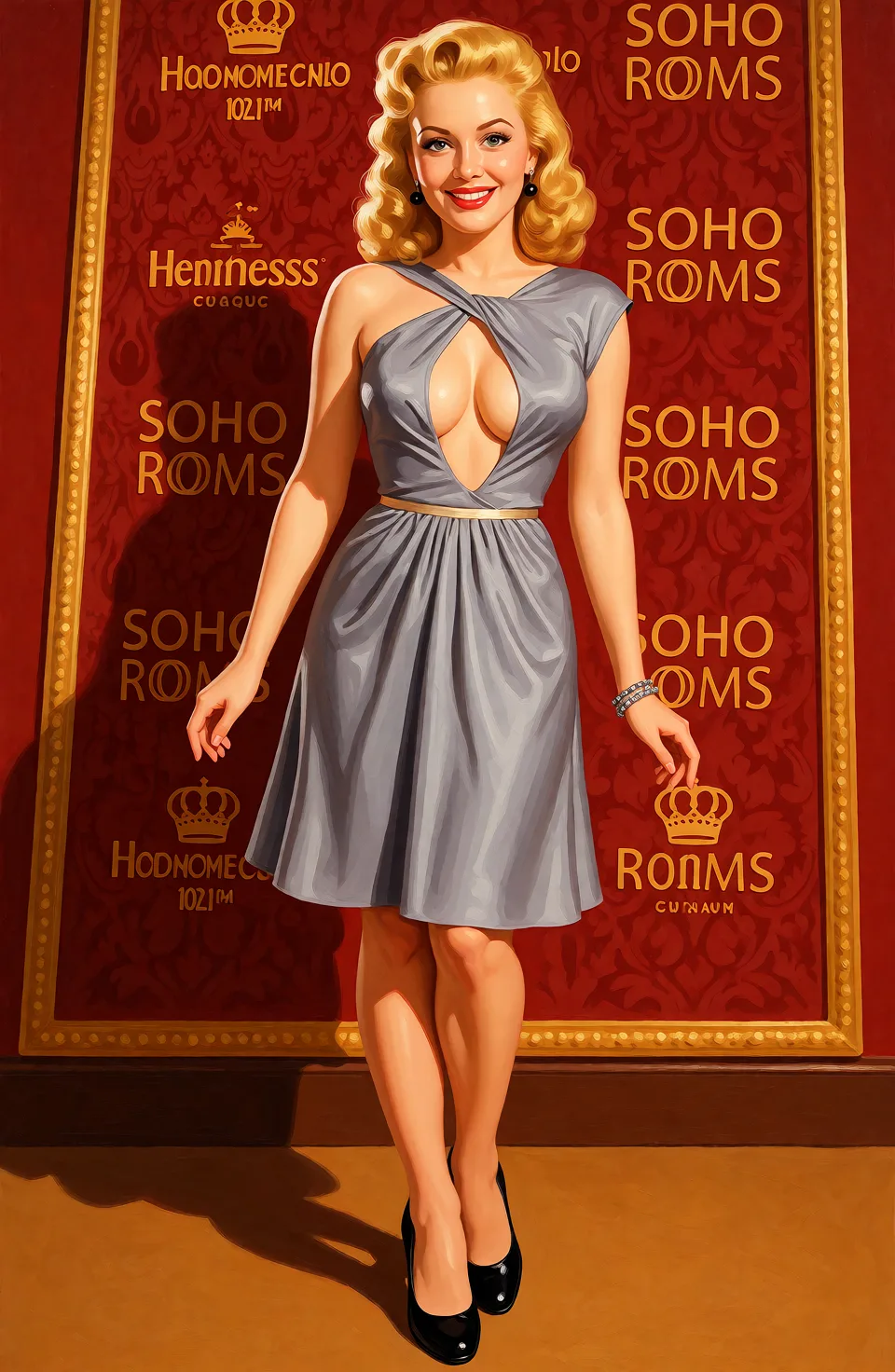 Redraw the entire picture as a retro pin-up illustration: smooth airbrushed gouache paint, warm saturated mid-century colour, clean confident outlines and glamorous stylised features, in the look of a 1950s pin-up poster. The background is painted in the same style. Nothing in the frame keeps its photographic appearance. Above all, the picture must show: Black high heels, full body view, slender legs.