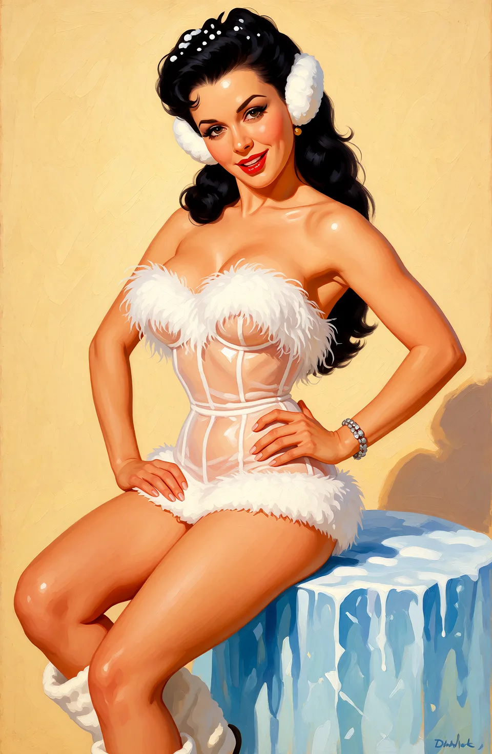 Redraw the entire picture as a retro pin-up illustration: smooth airbrushed gouache paint, warm saturated mid-century colour, clean confident outlines and glamorous stylised features, in the look of a 1950s pin-up poster. The background is painted in the same style. Nothing in the frame keeps its photographic appearance. Above all, the picture must show: Full body view.
