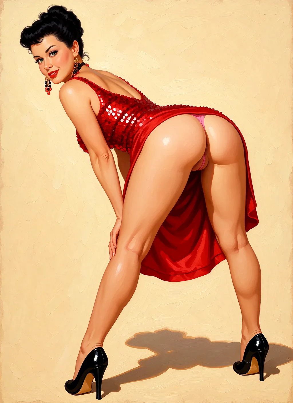 Redraw the entire picture as a retro pin-up illustration: smooth airbrushed gouache paint, warm saturated mid-century colour, clean confident outlines and glamorous stylised features, in the look of a 1950s pin-up poster. The background is painted in the same style. Nothing in the frame keeps its photographic appearance. Above all, the picture must show: She bent over; the setting is interesting, full of details (rounded buttocks: 1.3), a rounded backside, a low angle, full-length shot, wearing high heels, standing with legs wide apart, straight legs, high heels, low angle view, view under the skirt, rear view, pink thong, partially visible anus.