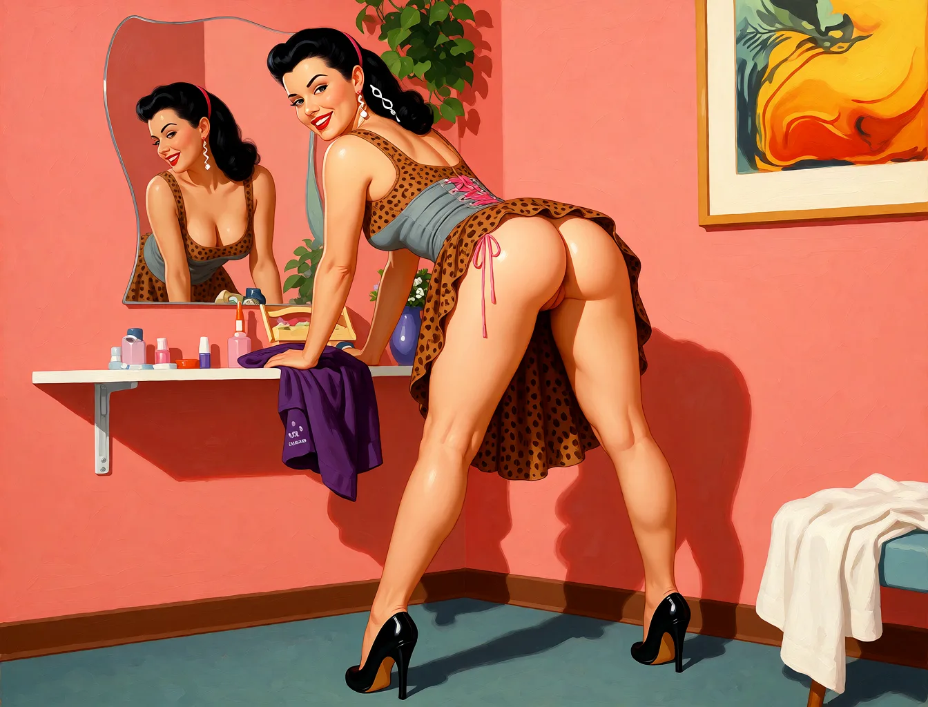 Redraw the entire picture as a retro pin-up illustration: smooth airbrushed gouache paint, warm saturated mid-century colour, clean confident outlines and glamorous stylised features, in the look of a 1950s pin-up poster. The background is painted in the same style. Nothing in the frame keeps its photographic appearance. Above all, the picture must show: Bent, interesting situation with many details, (rounded buttocks: 1.3), rounded ass, angle bottom, full height, high heels, stands wide legs, straight legs, high heels, look under skirt, view from behind, pink strings, partially visible anus.