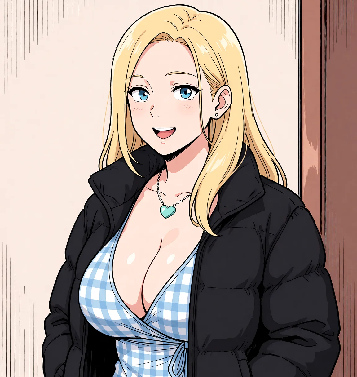 Redraw the entire picture as a hand-drawn anime illustration in flat cel-shaded anime style. It stays the same person with the same face, the same expression, the same hair and the same skin tone, and every other detail of the photograph is kept exactly as it is: nothing is added, removed, moved, uncovered or recoloured. Only the medium changes, and no part of the picture is left photographic. Above all, the picture must show: Naked with big tits.