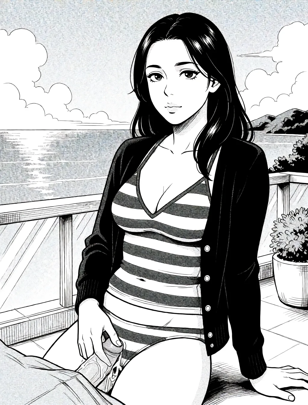 Redraw the entire picture as a black and white manga page: crisp black ink line art, no colour anywhere, flat halftone screentone shading, hatched shadows and clean white highlights, in the look of a printed manga panel. The background is drawn in the same style. Nothing in the frame keeps its photographic appearance. Above all, the picture must show: striped_clothes and suck a penis.