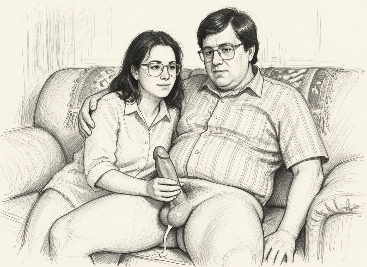Redraw the entire picture as a hand-drawn graphite sketch on off-white paper: visible pencil strokes, cross-hatched shading, loose construction lines and no colour beyond the grey of the pencil and the tone of the paper. The background is drawn in the same style. Nothing in the frame keeps its photographic appearance. Above all, the picture must show: the woman is on the sofa and has her hand around the naked mans huge cock as he sqirts a load of cum.