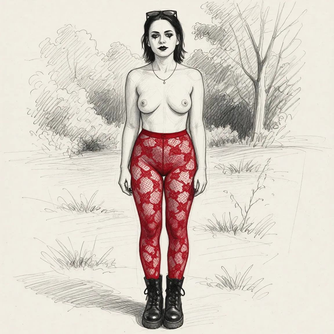 Redraw the entire picture as a hand-drawn graphite sketch on off-white paper: visible pencil strokes, cross-hatched shading, loose construction lines and no colour beyond the grey of the pencil and the tone of the paper. The background is drawn in the same style. Nothing in the frame keeps its photographic appearance. Above all, the picture must show: She stands tall, in red lace tights, black boots, bare breasts, gothic makeup.