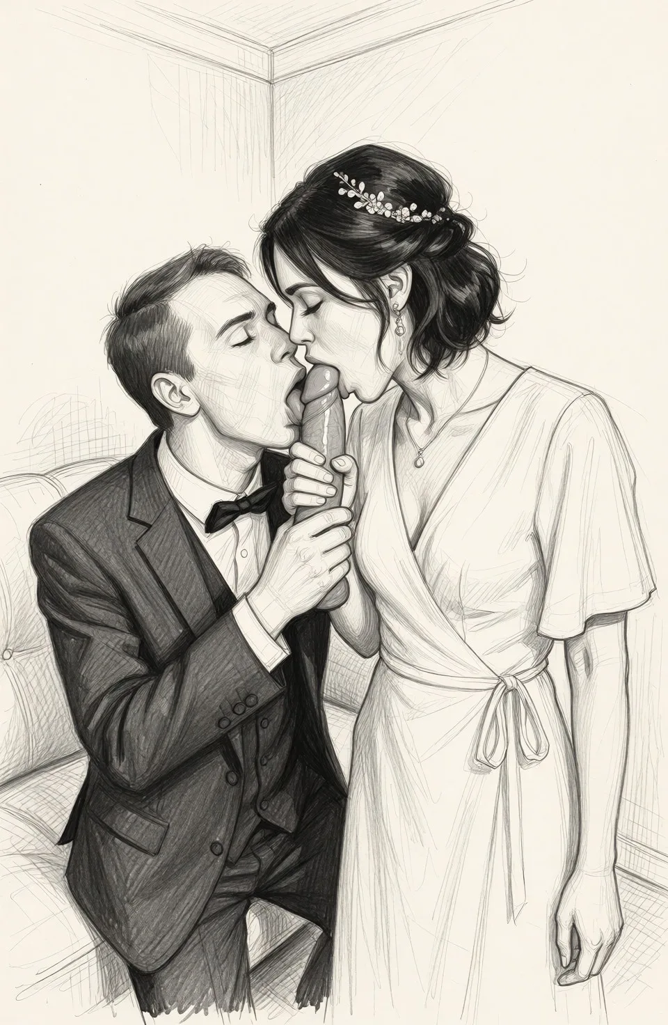 Redraw the entire picture as a hand-drawn graphite sketch on off-white paper: visible pencil strokes, cross-hatched shading, loose construction lines and no colour beyond the grey of the pencil and the tone of the paper. The background is drawn in the same style. Nothing in the frame keeps its photographic appearance. Above all, the picture must show: She sucks the head of his cock.
