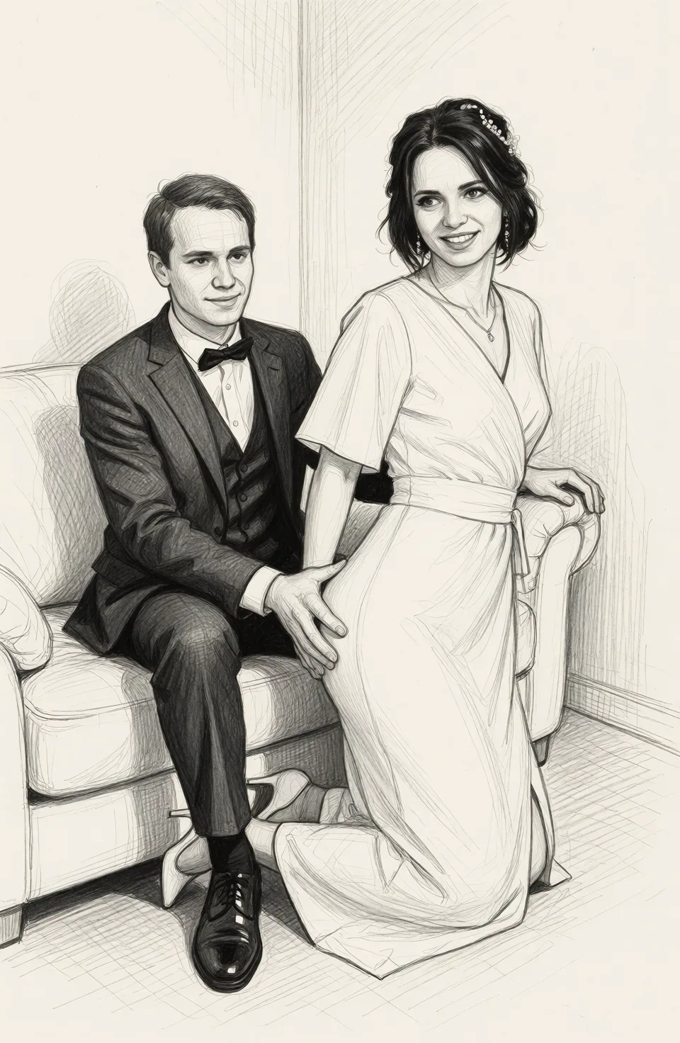 Redraw the entire picture as a hand-drawn graphite sketch on off-white paper: visible pencil strokes, cross-hatched shading, loose construction lines and no colour beyond the grey of the pencil and the tone of the paper. The background is drawn in the same style. Nothing in the frame keeps its photographic appearance. Above all, the picture must show: She is kneeling on the floor, backwards, leaning on the sofa. He sits next to her and slaps her bare ass.