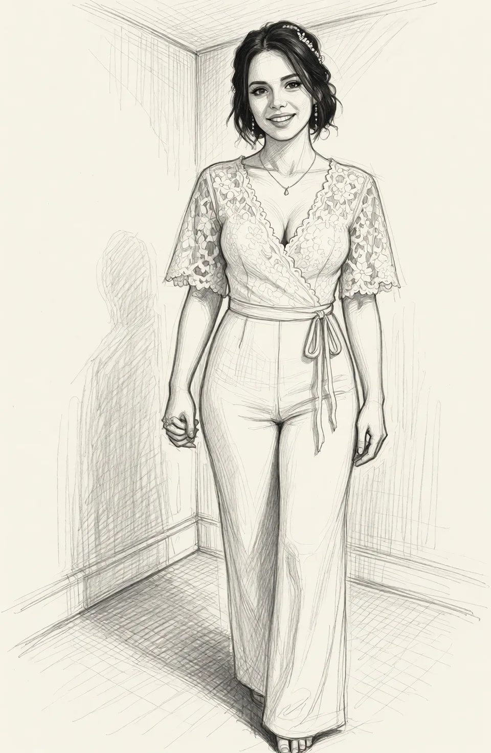 Redraw the entire picture as a hand-drawn graphite sketch on off-white paper: visible pencil strokes, cross-hatched shading, loose construction lines and no colour beyond the grey of the pencil and the tone of the paper. The background is drawn in the same style. Nothing in the frame keeps its photographic appearance. Above all, the picture must show: Standing tall in a sexy lace jumpsuit.