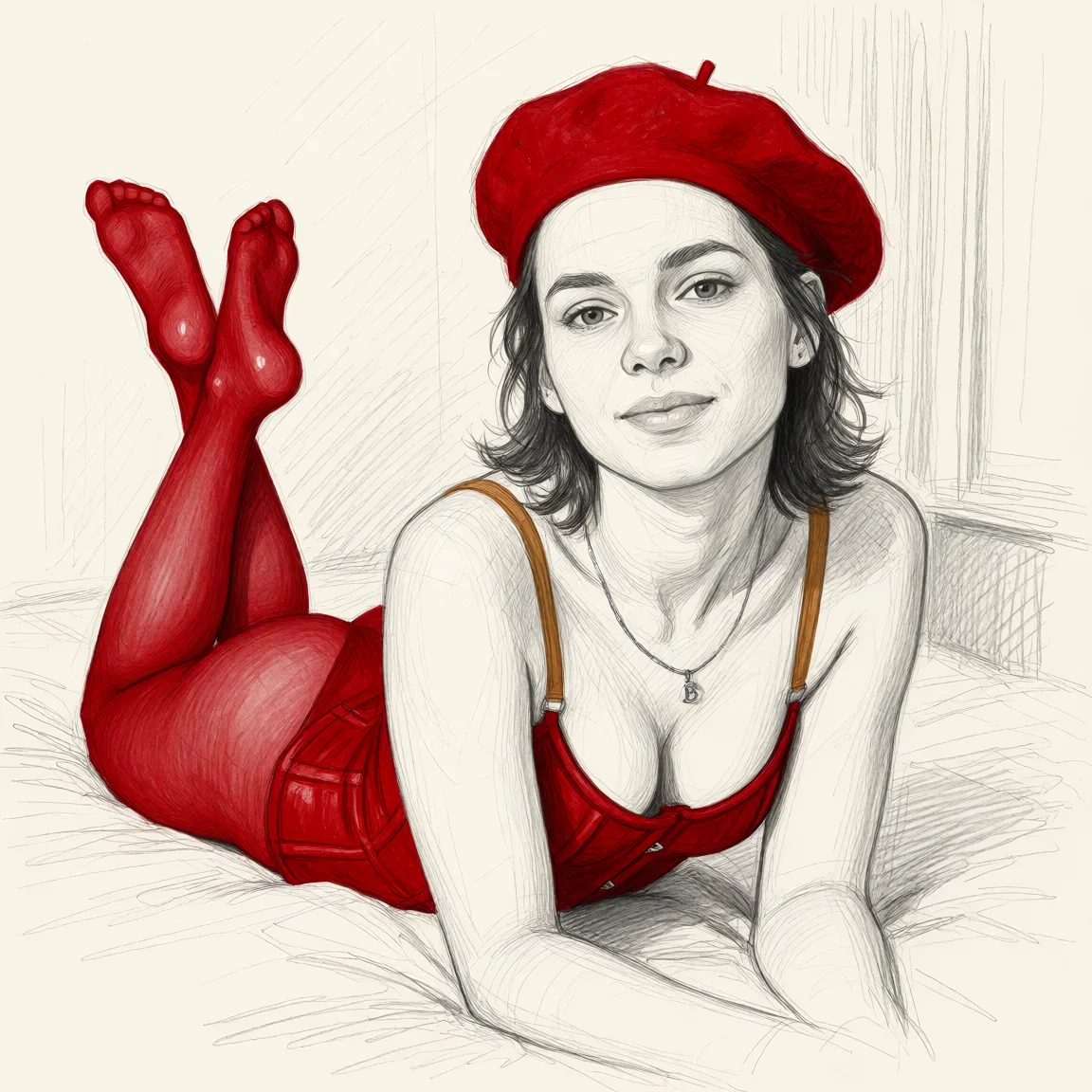 Redraw the entire picture as a hand-drawn graphite sketch on off-white paper: visible pencil strokes, cross-hatched shading, loose construction lines and no colour beyond the grey of the pencil and the tone of the paper. The background is drawn in the same style. Nothing in the frame keeps its photographic appearance. Above all, the picture must show: Lying on her stomach, wearing a red corset, red tights and a red beret.
