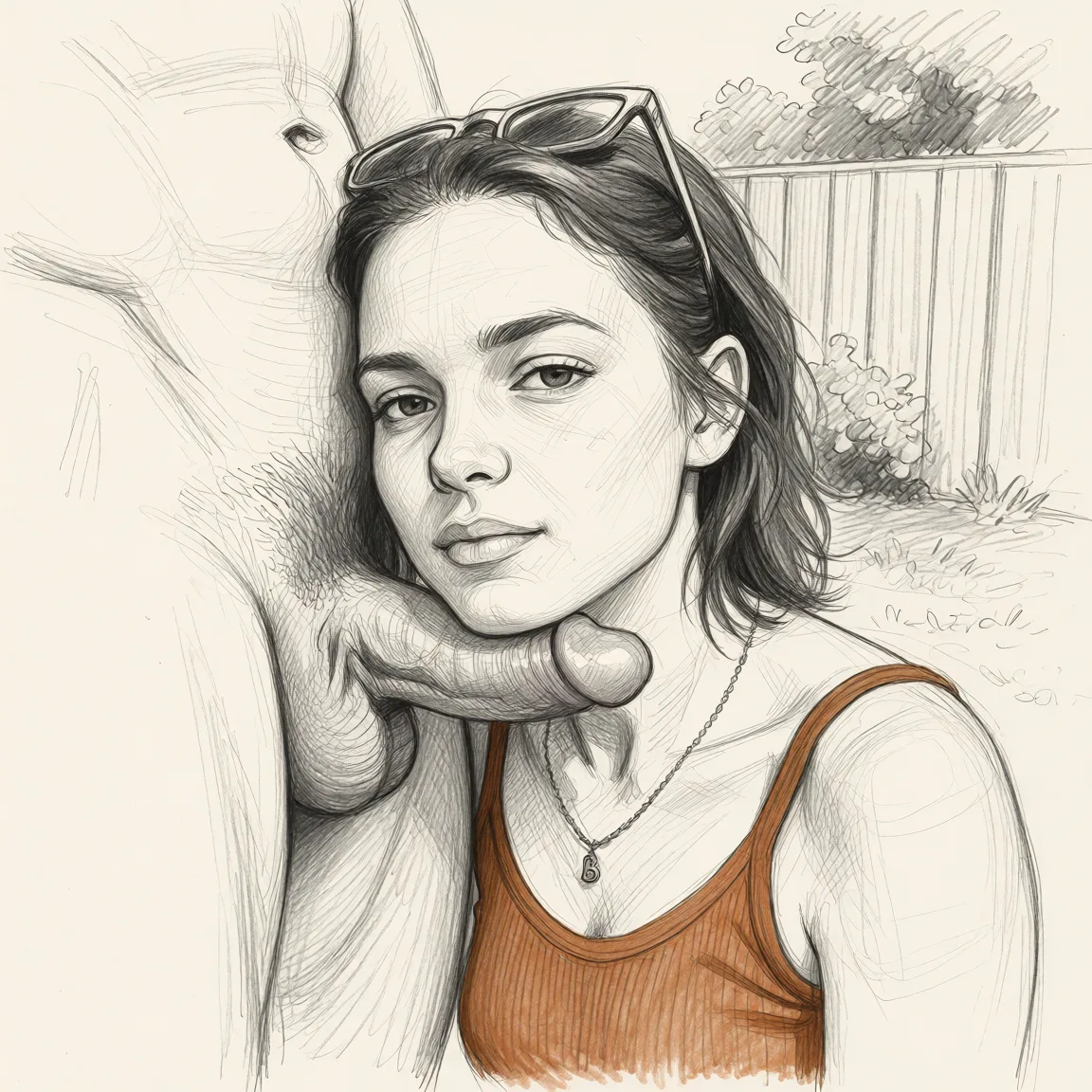 Redraw the entire picture as a hand-drawn graphite sketch on off-white paper: visible pencil strokes, cross-hatched shading, loose construction lines and no colour beyond the grey of the pencil and the tone of the paper. The background is drawn in the same style. Nothing in the frame keeps its photographic appearance. Above all, the picture must show: Close-up of the face. The head is pressed against the thigh of a naked man, the penis and testicles are visible.