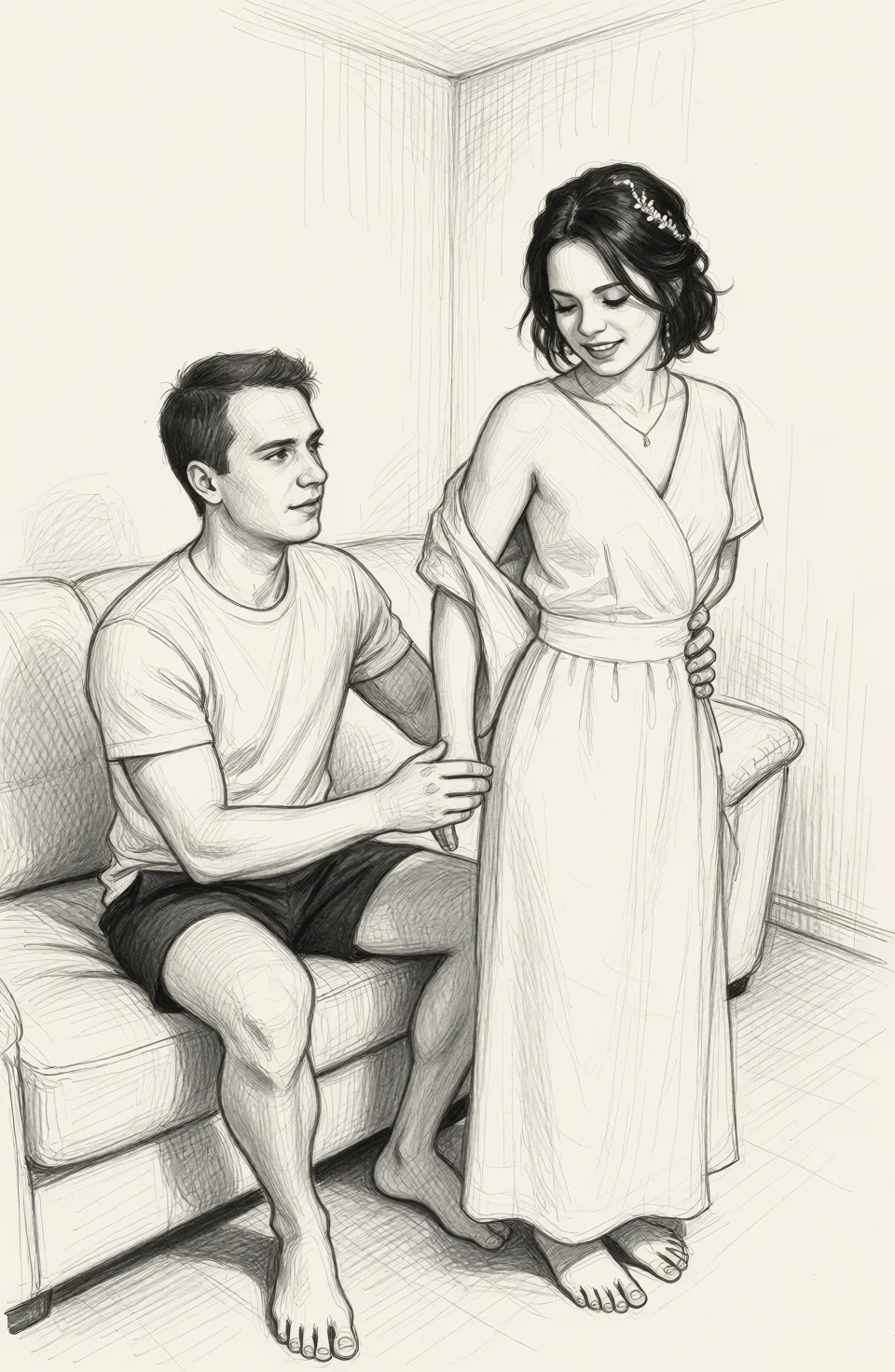 Redraw the entire picture as a hand-drawn graphite sketch on off-white paper: visible pencil strokes, cross-hatched shading, loose construction lines and no colour beyond the grey of the pencil and the tone of the paper. The background is drawn in the same style. Nothing in the frame keeps its photographic appearance. Above all, the picture must show: He's sitting on the couch in shorts and a T-shirt. Watching her undress.