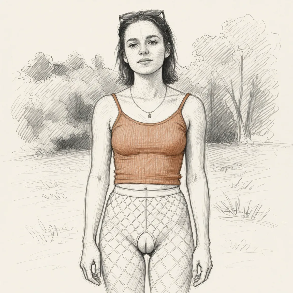 Redraw the entire picture as a hand-drawn graphite sketch on off-white paper: visible pencil strokes, cross-hatched shading, loose construction lines and no colour beyond the grey of the pencil and the tone of the paper. The background is drawn in the same style. Nothing in the frame keeps its photographic appearance. Above all, the picture must show: He stands tall. Bare-chested, wearing white fishnet tights with a crotch cutout.