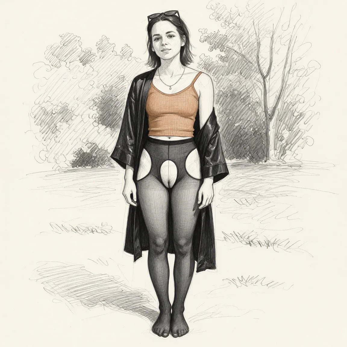Redraw the entire picture as a hand-drawn graphite sketch on off-white paper: visible pencil strokes, cross-hatched shading, loose construction lines and no colour beyond the grey of the pencil and the tone of the paper. The background is drawn in the same style. Nothing in the frame keeps its photographic appearance. Above all, the picture must show: She stands tall. Bare-chested, wearing black tights with cutouts in the crotch and on the hips. She's wearing a black silk robe. The feet are visible.