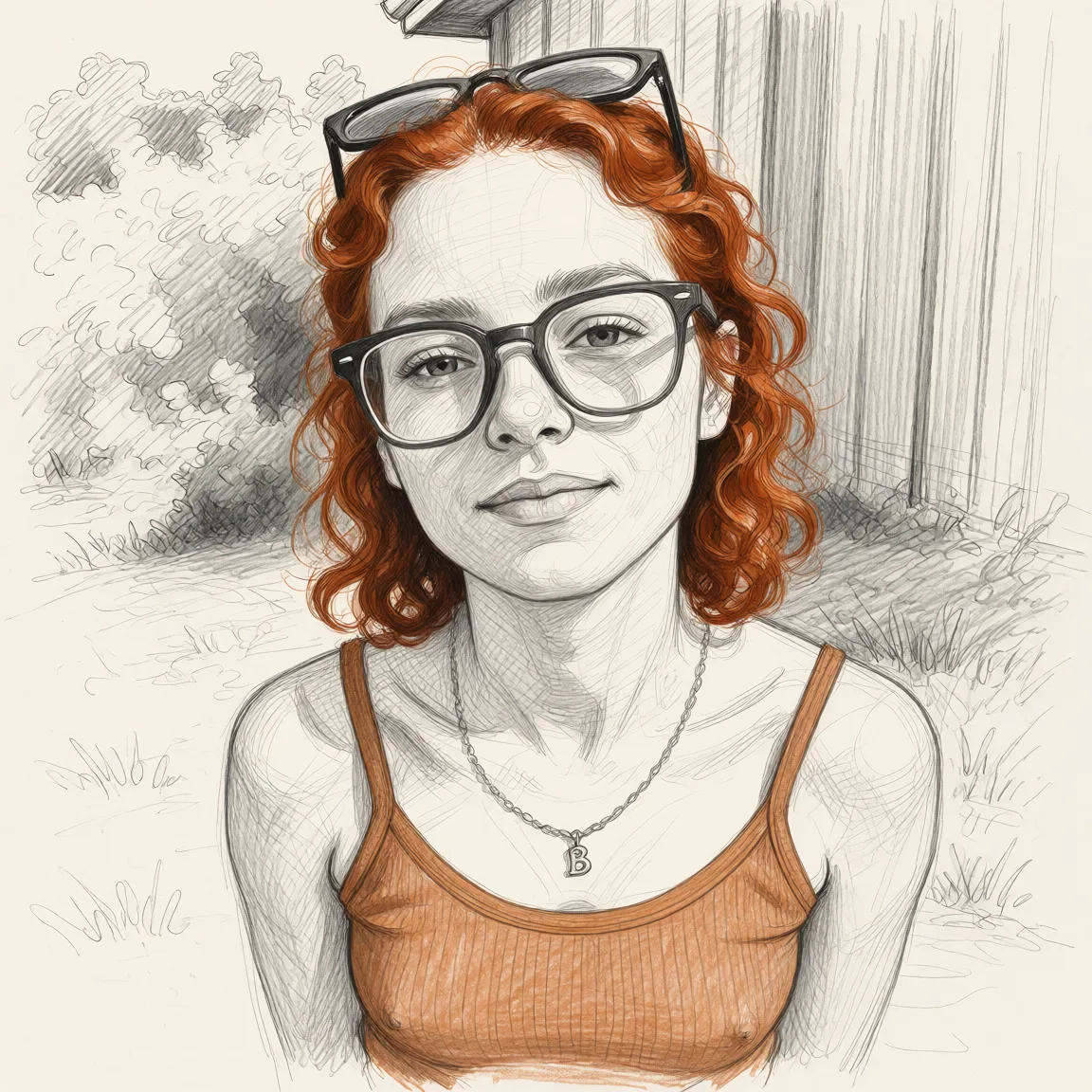 Redraw the entire picture as a hand-drawn graphite sketch on off-white paper: visible pencil strokes, cross-hatched shading, loose construction lines and no colour beyond the grey of the pencil and the tone of the paper. The background is drawn in the same style. Nothing in the frame keeps its photographic appearance. Above all, the picture must show: Close-up of her face, red curly hair, glasses with large lenses on her eyes, naked small breasts.