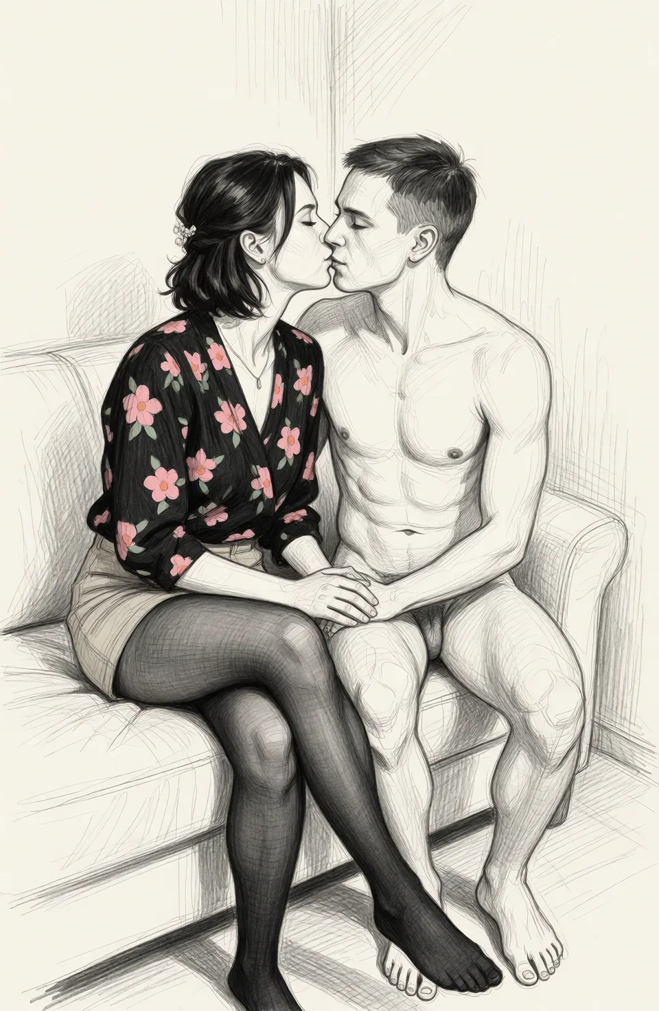 Redraw the entire picture as a hand-drawn graphite sketch on off-white paper: visible pencil strokes, cross-hatched shading, loose construction lines and no colour beyond the grey of the pencil and the tone of the paper. The background is drawn in the same style. Nothing in the frame keeps its photographic appearance. Above all, the picture must show: She sits with her legs crossed. In a black blouse with pink flowers. A short khaki skirt. Black transparent tights. He's sitting next to me naked. She kisses his bare chest.