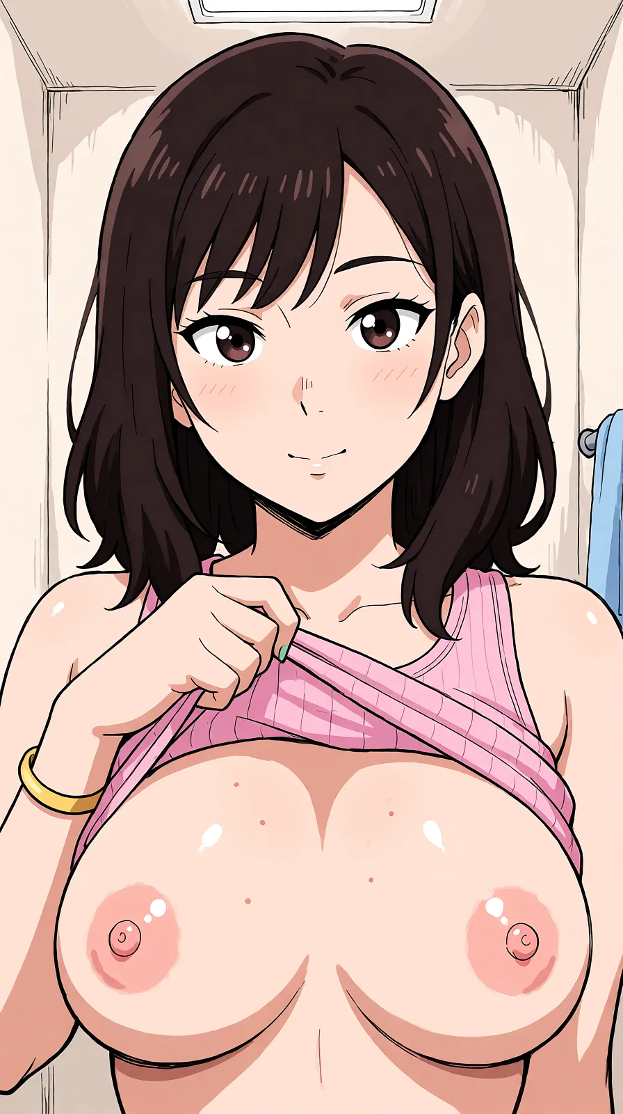 Redraw the entire picture as a hand-drawn anime illustration in flat cel-shaded anime style. It stays the same person with the same face, the same expression, the same hair and the same skin tone, and every other detail of the photograph is kept exactly as it is: nothing is added, removed, moved, uncovered or recoloured. Only the medium changes, and no part of the picture is left photographic. Above all, the picture must show: Make her breasts sit like a mental woman.