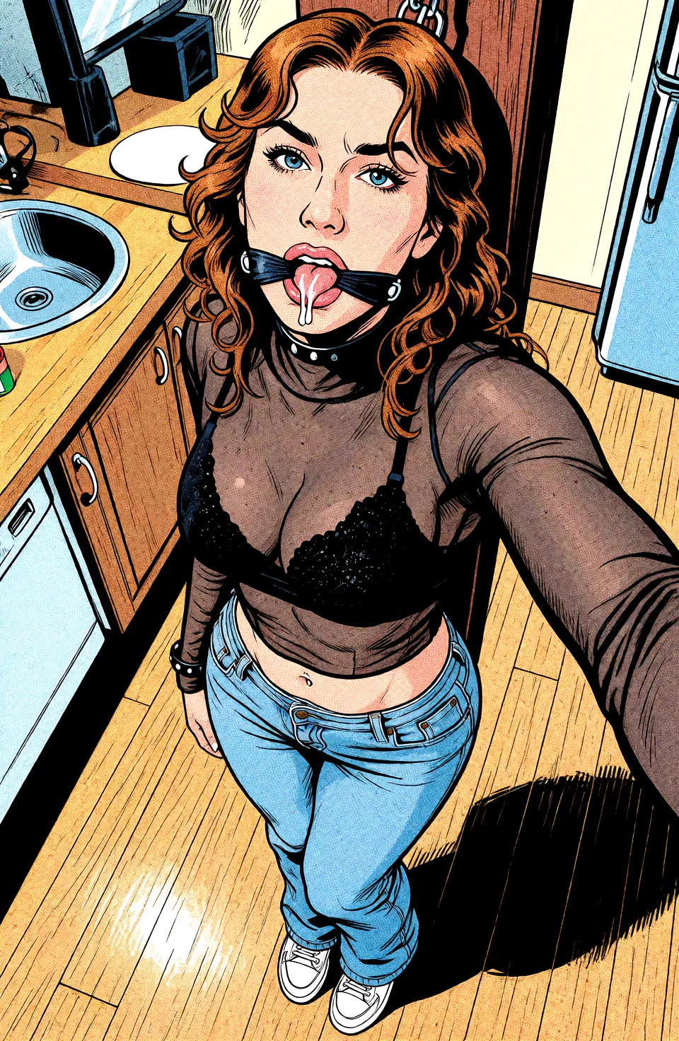Redraw the entire picture as western comic-book art: heavy black inked outlines, hard-edged cel shading, limited high-contrast colour and visible halftone dot texture. The background is drawn in the same style. Nothing in the frame keeps its photographic appearance. Above all, the picture must show: bondage, fuck, gagged.