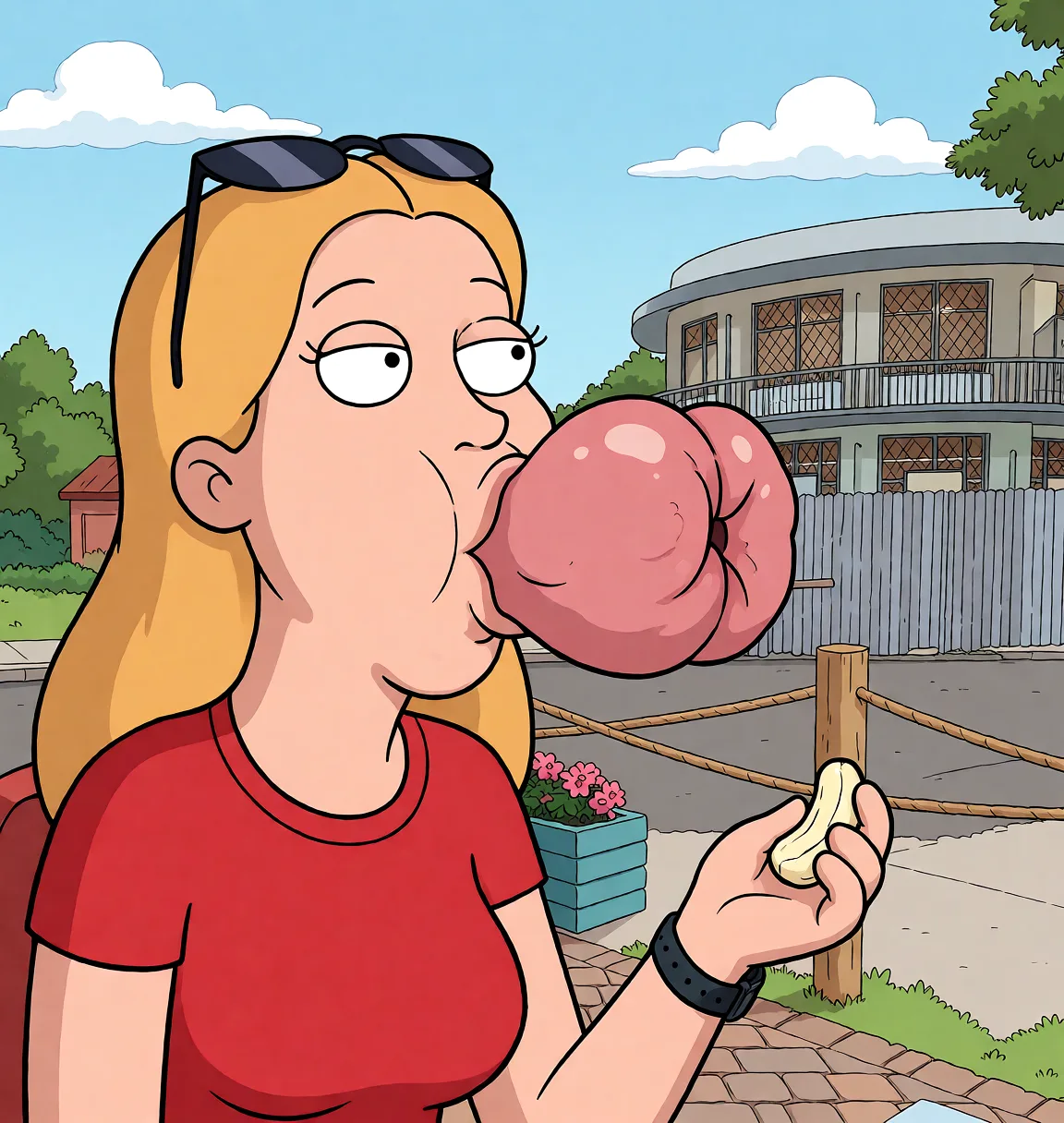 Redraw the entire picture as a western animated cartoon cel: thick even outlines, flat bright blocks of colour, simplified rounded shapes and hard-edged shadows, in the look of a television cartoon rather than of a camera. Keep the woman's adult proportions and adult figure exactly as they are; only the drawing style changes. The background is drawn in the same style. Nothing in the frame keeps its photographic appearance. Above all, the picture must show: sucks a huge one deep.