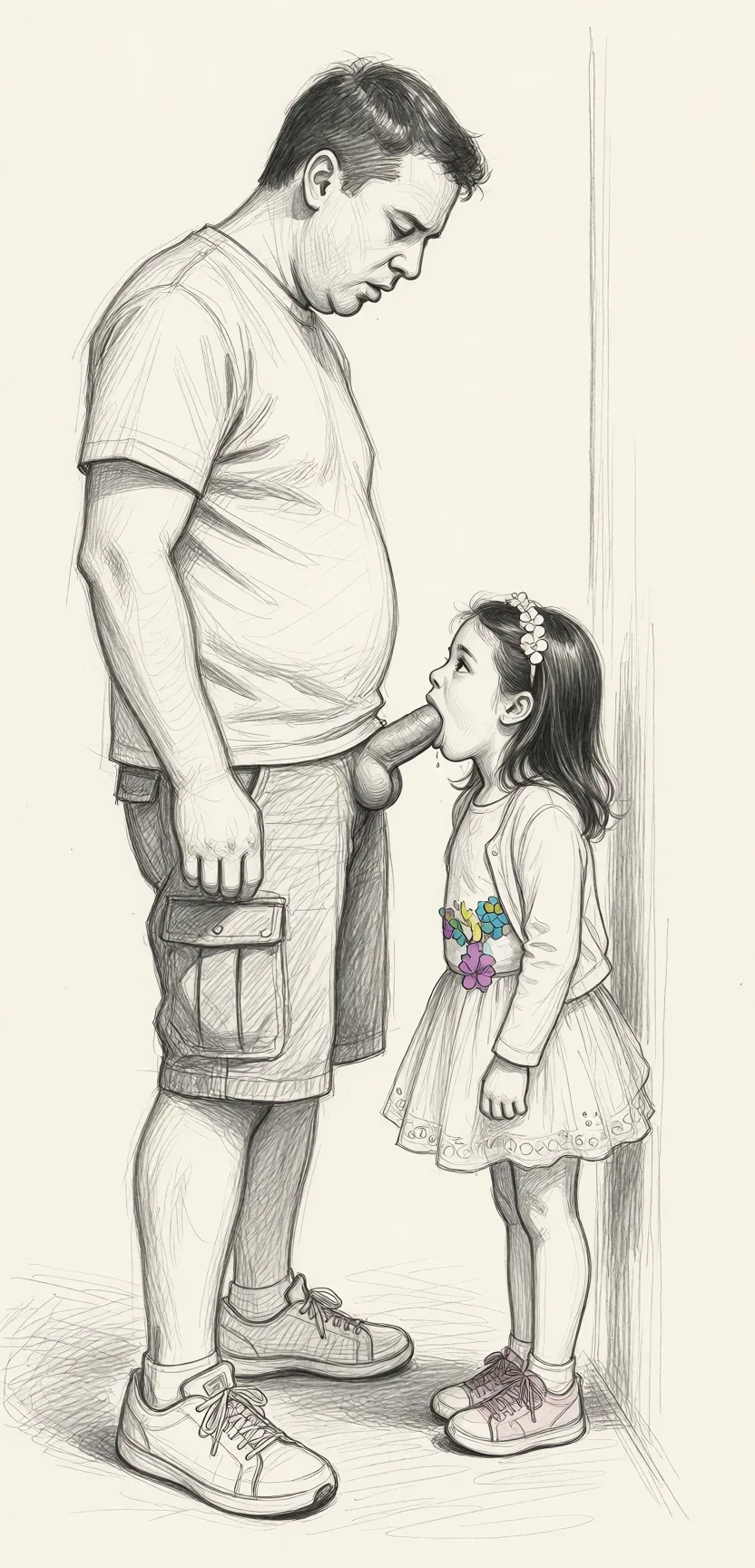 Redraw the entire picture as a hand-drawn graphite sketch on off-white paper: visible pencil strokes, cross-hatched shading, loose construction lines and no colour beyond the grey of the pencil and the tone of the paper. The background is drawn in the same style. Nothing in the frame keeps its photographic appearance. Above all, the picture must show: His penis in her mouth.