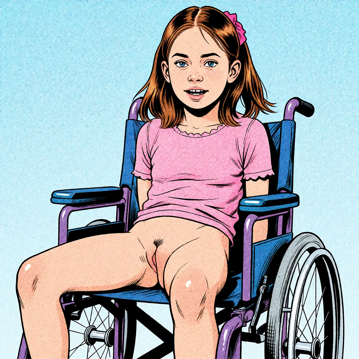 Redraw the entire picture as western comic-book art: heavy black inked outlines, hard-edged cel shading, limited high-contrast colour and visible halftone dot texture. The background is drawn in the same style. Nothing in the frame keeps its photographic appearance. Above all, the picture must show: spread_legs no_panties.
