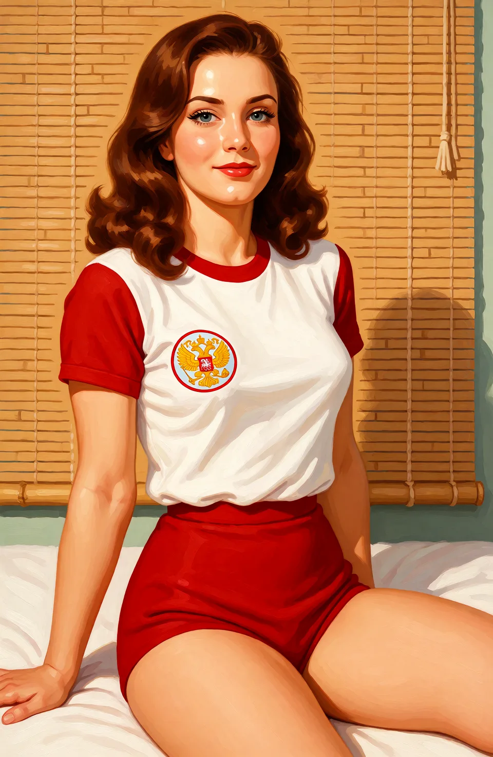 Redraw the entire picture as a retro pin-up illustration: smooth airbrushed gouache paint, warm saturated mid-century colour, clean confident outlines and glamorous stylised features, in the look of a 1950s pin-up poster. The background is painted in the same style. Nothing in the frame keeps its photographic appearance. Above all, the picture must show: double_penetration cowgirl_position crossdressing.