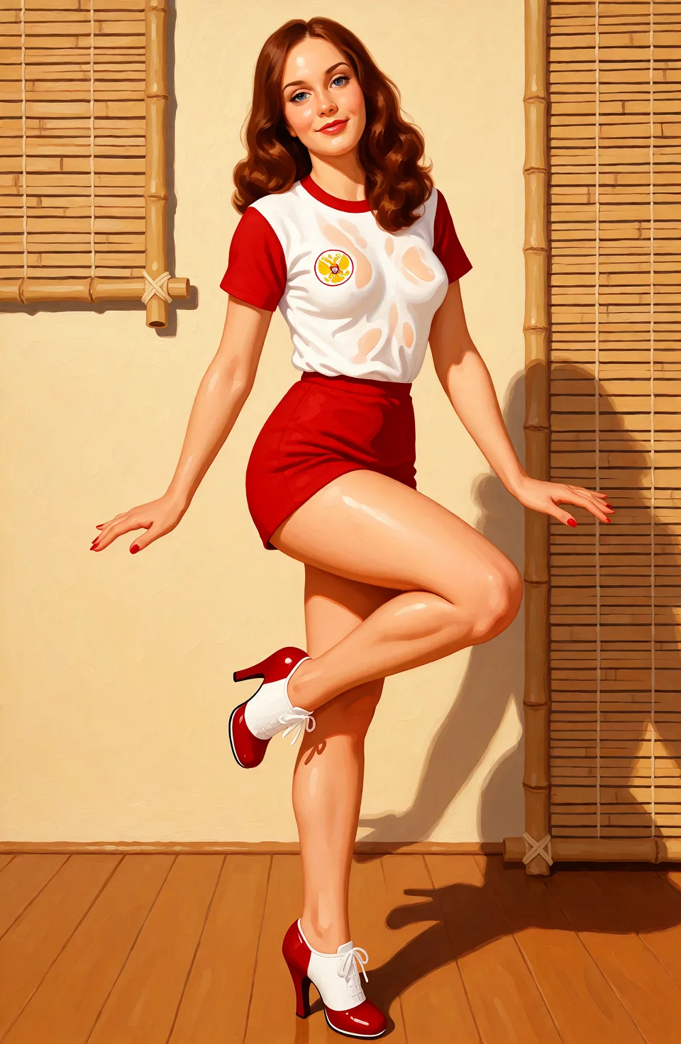 Redraw the entire picture as a retro pin-up illustration: smooth airbrushed gouache paint, warm saturated mid-century colour, clean confident outlines and glamorous stylised features, in the look of a 1950s pin-up poster. The background is painted in the same style. Nothing in the frame keeps its photographic appearance. Above all, the picture must show: standing_on_one_leg, crossed_legs, breasts, shoes, wet_shirt.