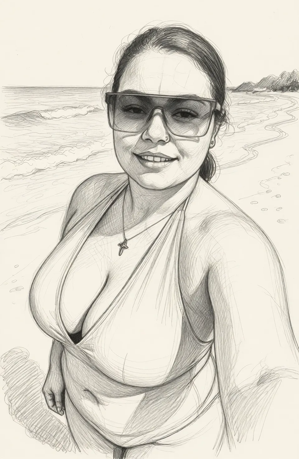 Redraw the entire picture as a hand-drawn graphite sketch on off-white paper: visible pencil strokes, cross-hatched shading, loose construction lines and no colour beyond the grey of the pencil and the tone of the paper. The background is drawn in the same style. Nothing in the frame keeps its photographic appearance. Above all, the picture must show: Naked busty bbw.