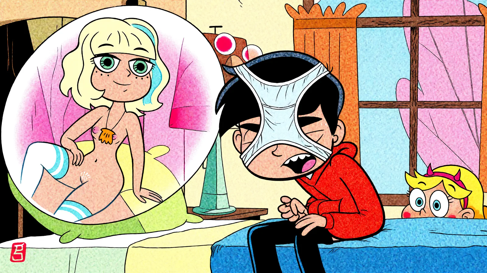 Redraw the entire picture as western comic-book art: heavy black inked outlines, hard-edged cel shading, limited high-contrast colour and visible halftone dot texture. The background is drawn in the same style. Nothing in the frame keeps its photographic appearance. Above all, the picture must show: panties on face.