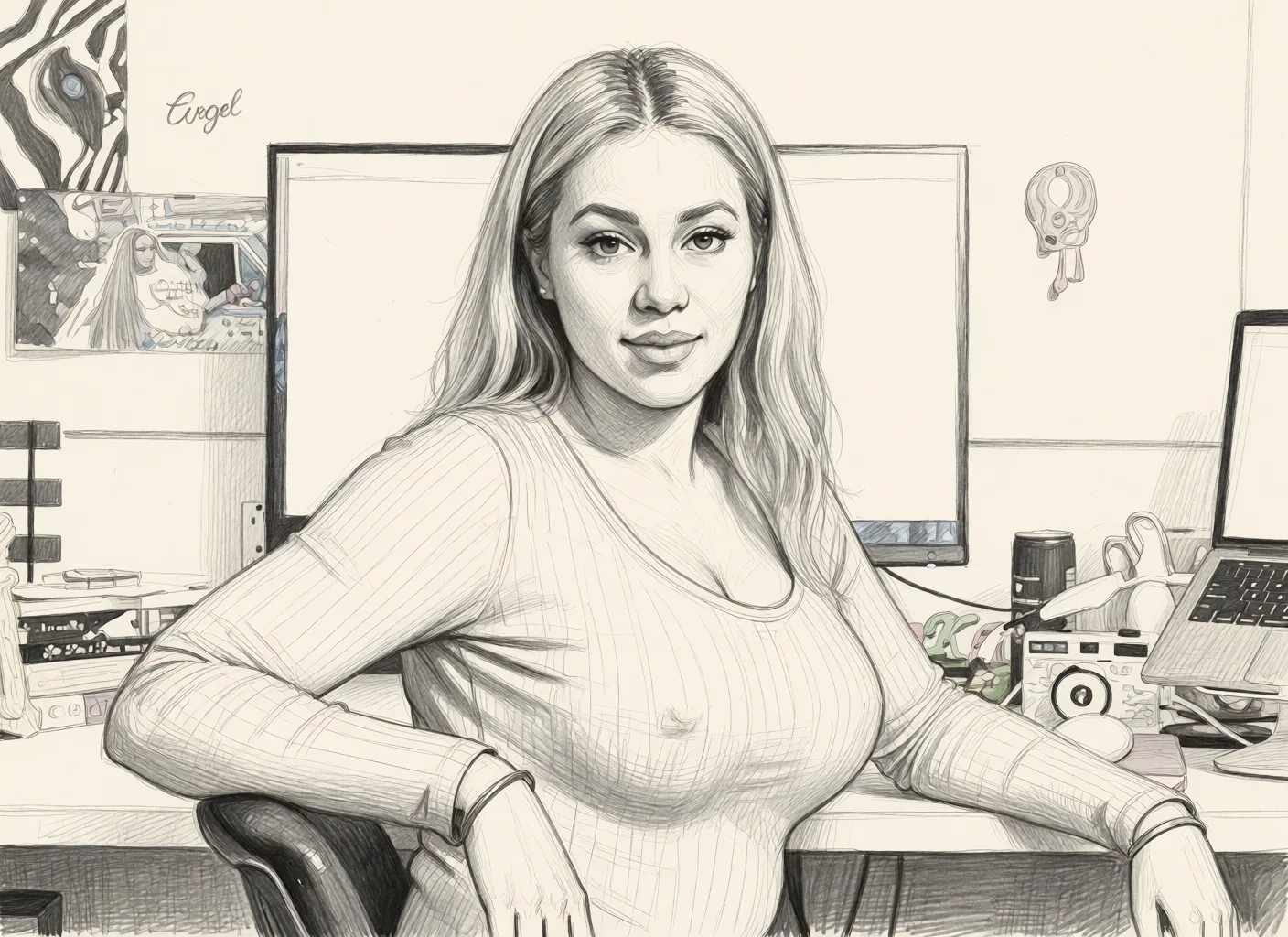 Redraw the entire picture as a hand-drawn graphite sketch on off-white paper: visible pencil strokes, cross-hatched shading, loose construction lines and no colour beyond the grey of the pencil and the tone of the paper. The background is drawn in the same style. Nothing in the frame keeps its photographic appearance. Above all, the picture must show: shirt_lift with her breasts_out.