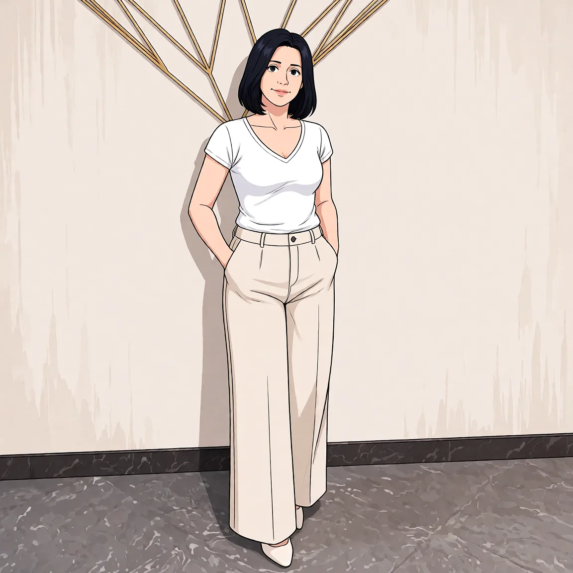 Redraw the entire picture as a hand-drawn anime illustration in flat cel-shaded anime style. It stays the same person with the same face, the same expression, the same hair and the same skin tone, and every other detail of the photograph is kept exactly as it is: nothing is added, removed, moved, uncovered or recoloured. Only the medium changes, and no part of the picture is left photographic. Above all, the picture must show: stripped naked_shirt.