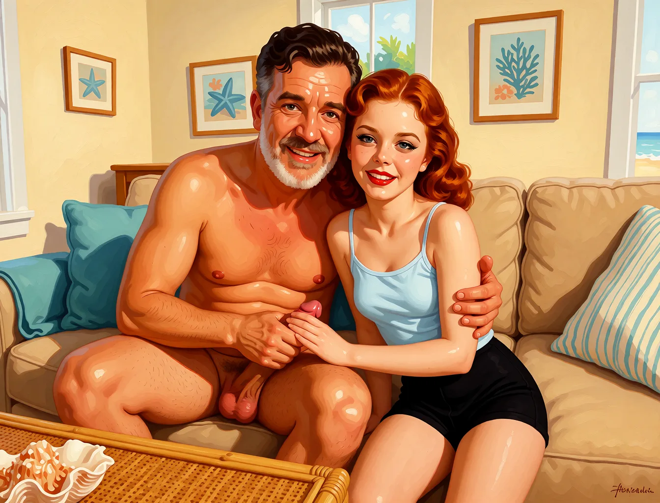 Redraw the entire picture as a retro pin-up illustration: smooth airbrushed gouache paint, warm saturated mid-century colour, clean confident outlines and glamorous stylised features, in the look of a 1950s pin-up poster. The background is painted in the same style. Nothing in the frame keeps its photographic appearance. Above all, the picture must show: she is nude. he is leaning back a bit. she is stroking his penis. he looks satisfied. she looks nervous.