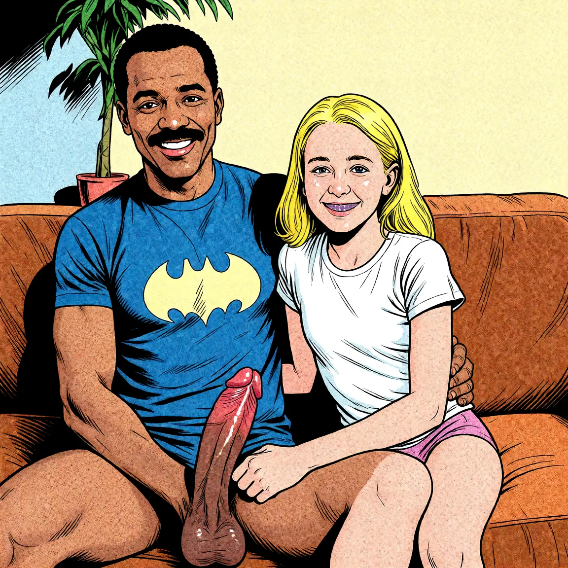 Redraw the entire picture as western comic-book art: heavy black inked outlines, hard-edged cel shading, limited high-contrast colour and visible halftone dot texture. The background is drawn in the same style. Nothing in the frame keeps its photographic appearance. Above all, the picture must show: smelling dark_skin large_penis.