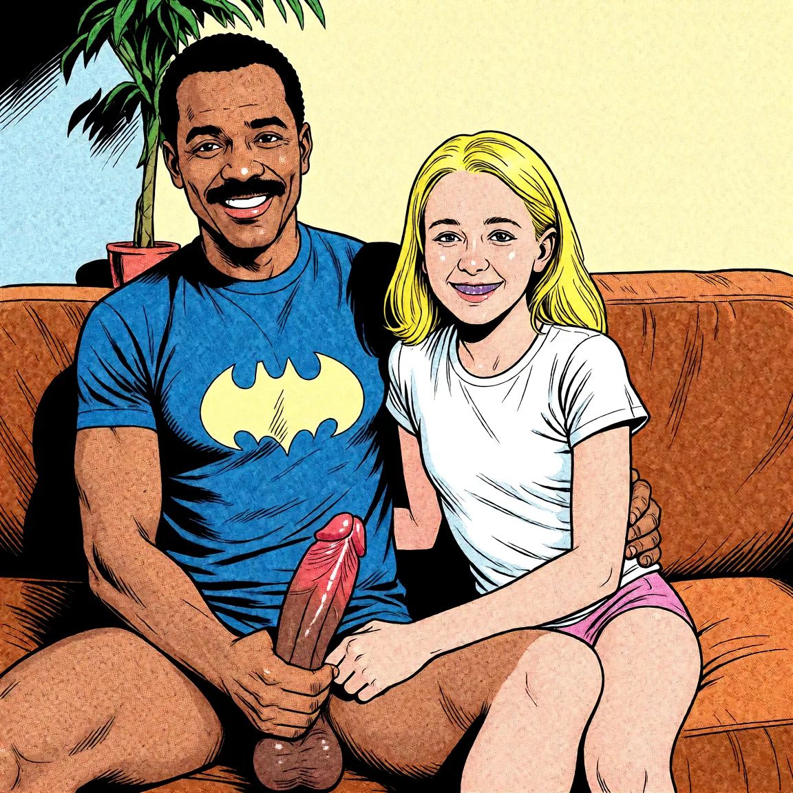 Redraw the entire picture as western comic-book art: heavy black inked outlines, hard-edged cel shading, limited high-contrast colour and visible halftone dot texture. The background is drawn in the same style. Nothing in the frame keeps its photographic appearance. Above all, the picture must show: handjob dark_skin penis.