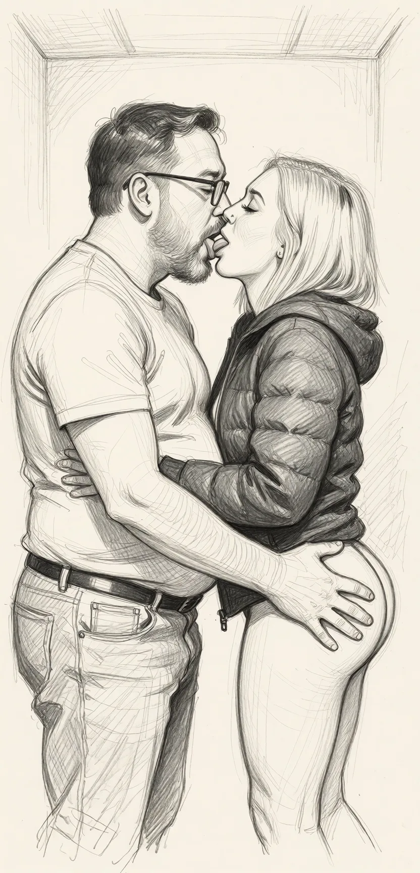 Redraw the entire picture as a hand-drawn graphite sketch on off-white paper: visible pencil strokes, cross-hatched shading, loose construction lines and no colour beyond the grey of the pencil and the tone of the paper. The background is drawn in the same style. Nothing in the frame keeps its photographic appearance. Above all, the picture must show: He has a potbelly, she is short, they are tongue kissing, he is squeezing her butt.