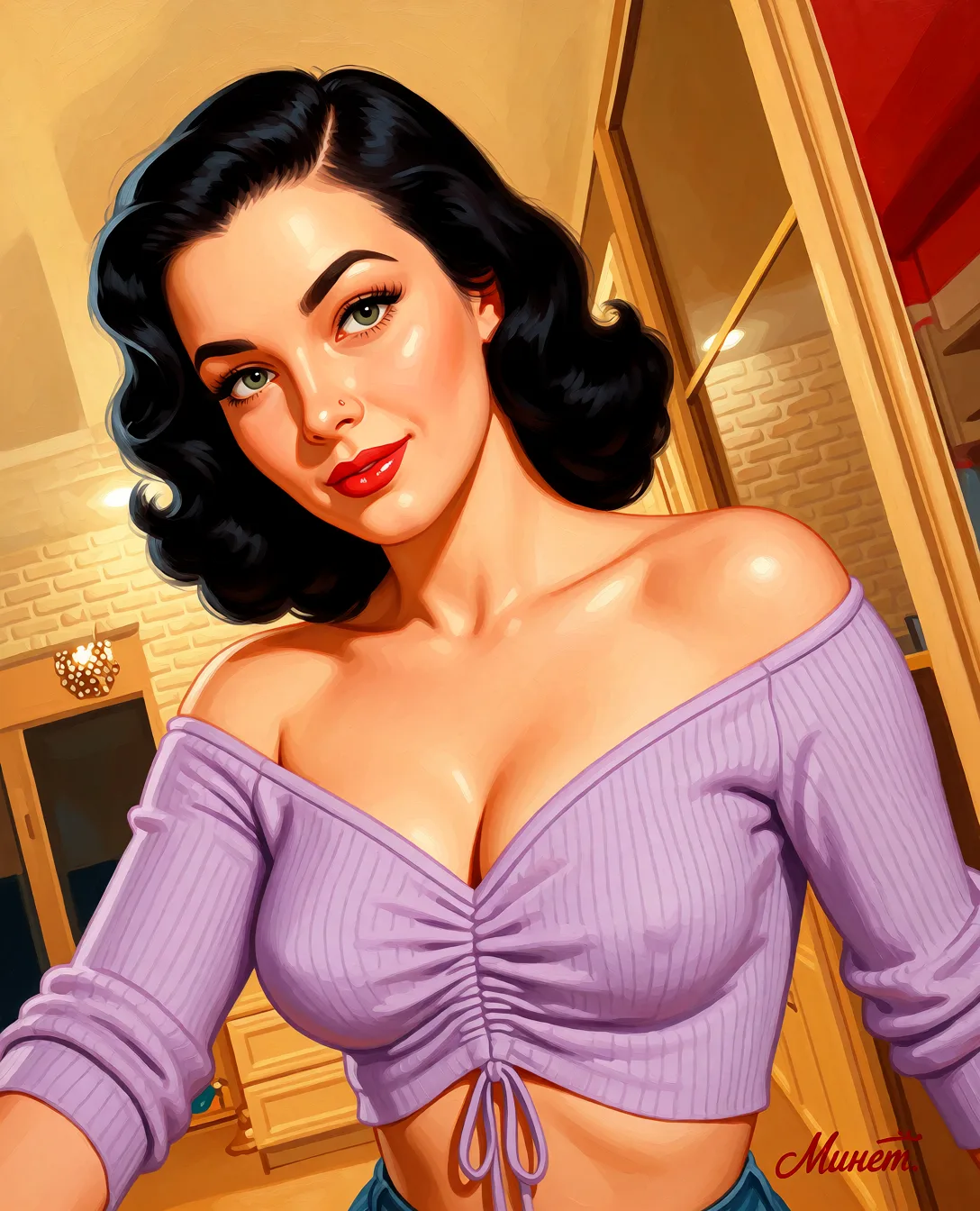Redraw the entire picture as a retro pin-up illustration: smooth airbrushed gouache paint, warm saturated mid-century colour, clean confident outlines and glamorous stylised features, in the look of a 1950s pin-up poster. The background is painted in the same style. Nothing in the frame keeps its photographic appearance. Above all, the picture must show: Минет.