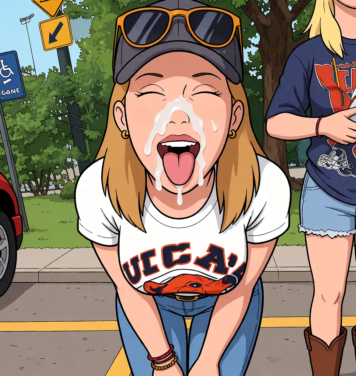 Redraw the entire picture as a western animated cartoon cel: thick even outlines, flat bright blocks of colour, simplified rounded shapes and hard-edged shadows, in the look of a television cartoon rather than of a camera. Keep the woman's adult proportions and adult figure exactly as they are; only the drawing style changes. The background is drawn in the same style. Nothing in the frame keeps its photographic appearance. Above all, the picture must show: Cum on face.
