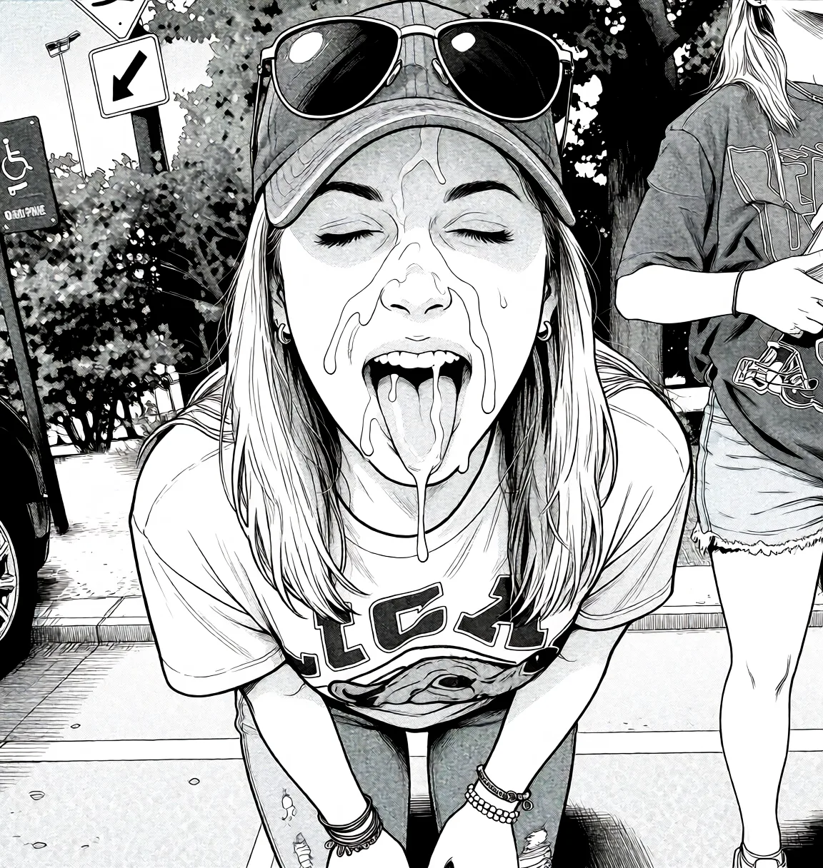 Redraw the entire picture as a black and white manga page: crisp black ink line art, no colour anywhere, flat halftone screentone shading, hatched shadows and clean white highlights, in the look of a printed manga panel. The background is drawn in the same style. Nothing in the frame keeps its photographic appearance. Above all, the picture must show: Cum on face.