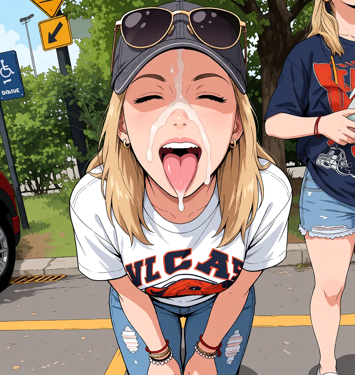 Redraw the entire picture as a hand-drawn anime illustration in flat cel-shaded anime style. It stays the same person with the same face, the same expression, the same hair and the same skin tone, and every other detail of the photograph is kept exactly as it is: nothing is added, removed, moved, uncovered or recoloured. Only the medium changes, and no part of the picture is left photographic. Above all, the picture must show: Cum on face.