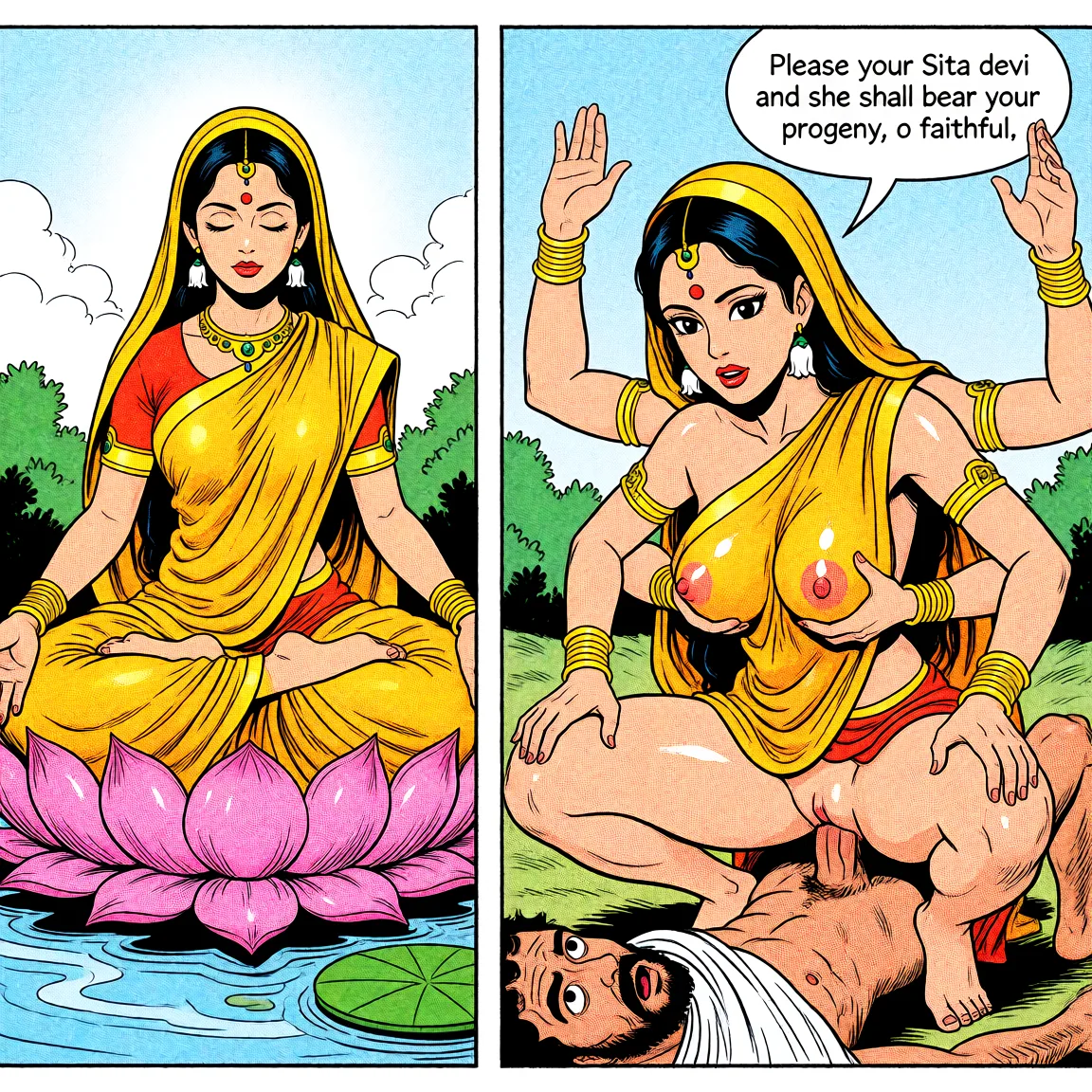 Redraw the entire picture as western comic-book art: heavy black inked outlines, hard-edged cel shading, limited high-contrast colour and visible halftone dot texture. The background is drawn in the same style. Nothing in the frame keeps its photographic appearance. Above all, the picture must show: Two wide panels of equal size. In the first panel, the hindu goddess sita, in her divine form, is sitting upon a lotus in deep meditation. In the second panel, Sita with 6 arms (two behind her head, two fondling her own boobs, two on her knees), is squatting over a pilgrim with a open eyes. His dick is inside her, and she is saying, Please your Sita devi and she shall bear your progeny, o faithful.