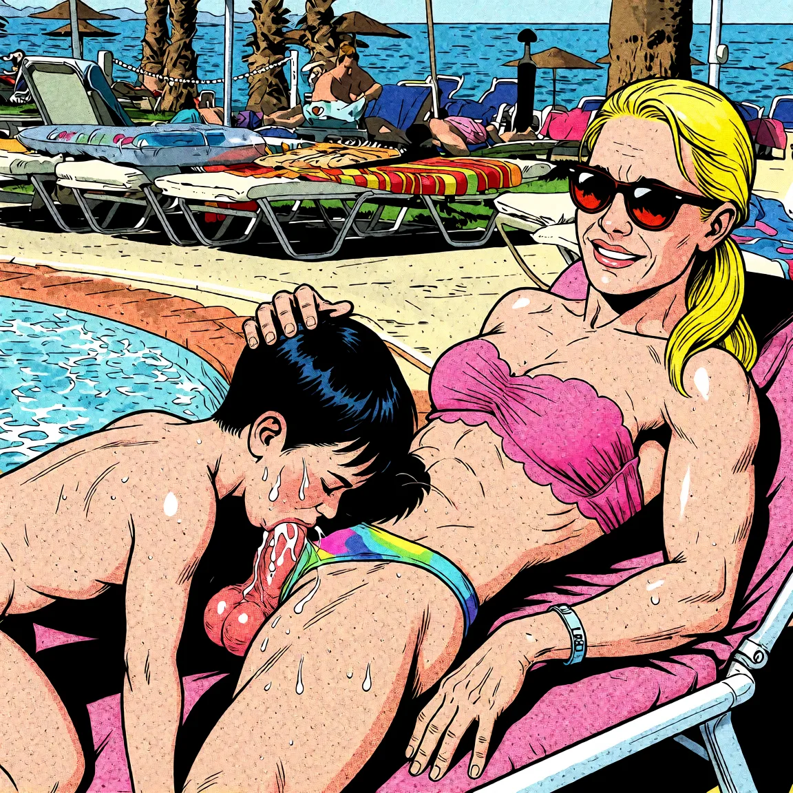 Redraw the entire picture as western comic-book art: heavy black inked outlines, hard-edged cel shading, limited high-contrast colour and visible halftone dot texture. The background is drawn in the same style. Nothing in the frame keeps its photographic appearance. Above all, the picture must show: hand_on_another's_head open_mouth hand_in_own_hair.