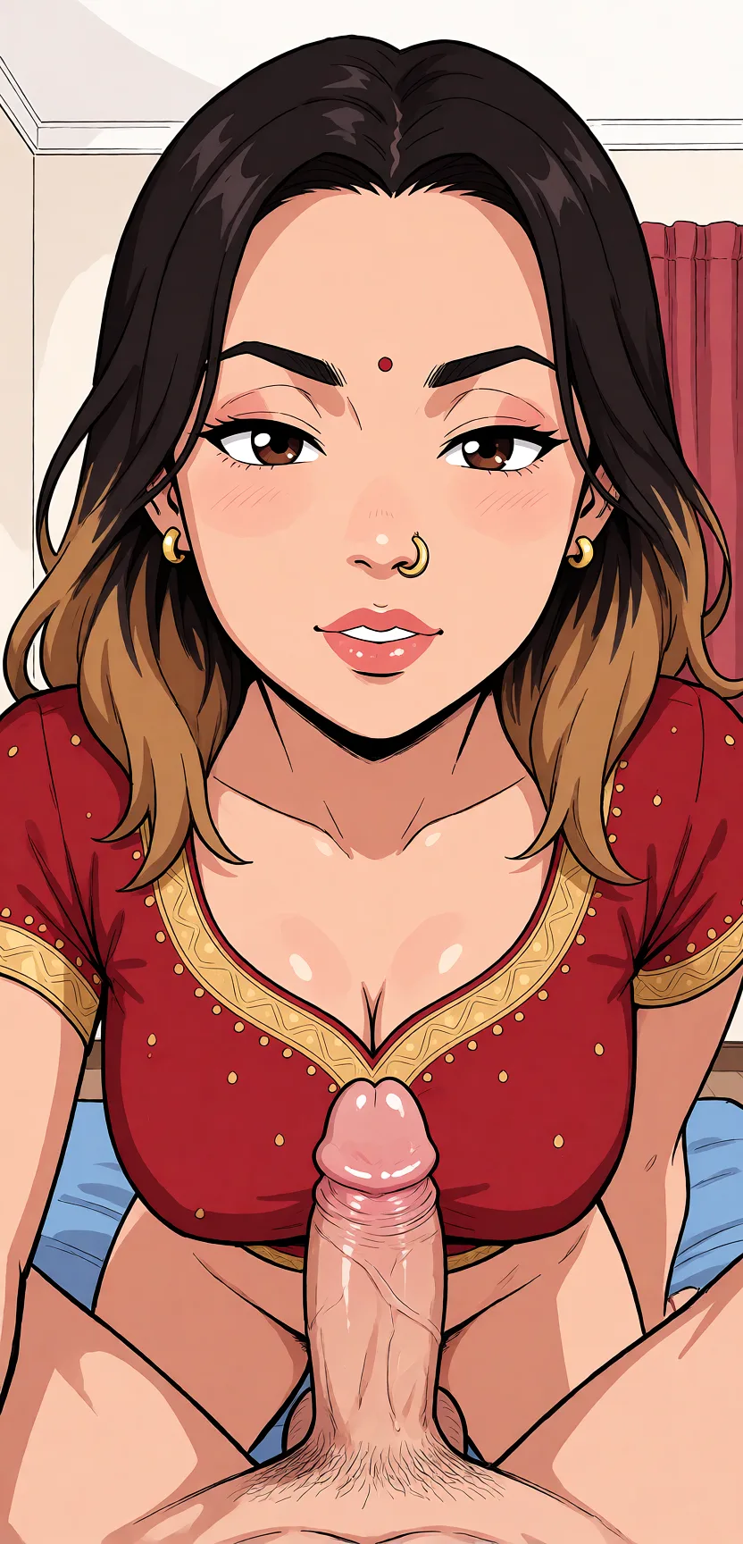 Redraw the entire picture as a hand-drawn anime illustration in flat cel-shaded anime style. It stays the same person with the same face, the same expression, the same hair and the same skin tone, and every other detail of the photograph is kept exactly as it is: nothing is added, removed, moved, uncovered or recoloured. Only the medium changes, and no part of the picture is left photographic. Above all, the picture must show: Blowjob.