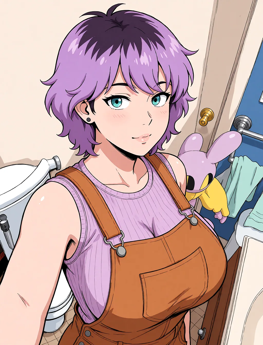 Redraw the entire picture as a hand-drawn anime illustration in flat cel-shaded anime style. It stays the same person with the same face, the same expression, the same hair and the same skin tone, and every other detail of the photograph is kept exactly as it is: nothing is added, removed, moved, uncovered or recoloured. Only the medium changes, and no part of the picture is left photographic. Above all, the picture must show: breasts_out bigger_breasts.