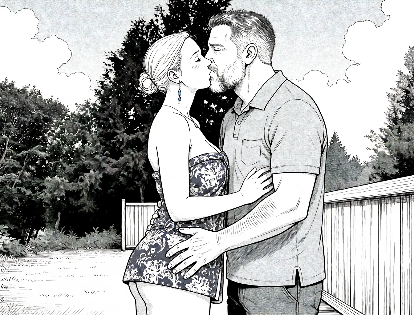 Redraw the entire picture as a black and white manga page: crisp black ink line art, no colour anywhere, flat halftone screentone shading, hatched shadows and clean white highlights, in the look of a printed manga panel. The background is drawn in the same style. Nothing in the frame keeps its photographic appearance. Above all, the picture must show: Pan out. Couple is kissing. Side profile. She is wearing very short skirt matching her top. His hands on her butt.