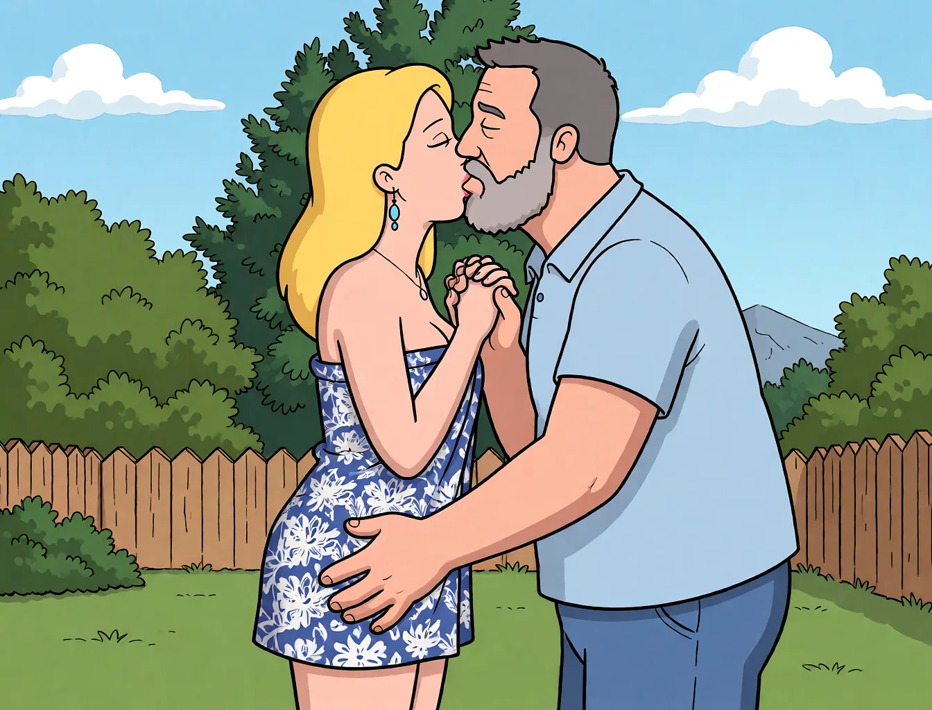 Redraw the entire picture as a western animated cartoon cel: thick even outlines, flat bright blocks of colour, simplified rounded shapes and hard-edged shadows, in the look of a television cartoon rather than of a camera. Keep the woman's adult proportions and adult figure exactly as they are; only the drawing style changes. The background is drawn in the same style. Nothing in the frame keeps its photographic appearance. Above all, the picture must show: Pan out. Side profile she is wearing a very short skirt, matching her top. They are passionately, kissing his hands on her butt.