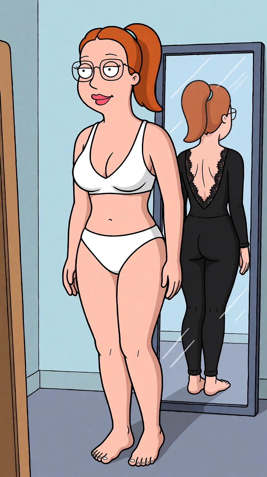 Redraw the entire picture as a western animated cartoon cel: thick even outlines, flat bright blocks of colour, simplified rounded shapes and hard-edged shadows, in the look of a television cartoon rather than of a camera. Keep the woman's adult proportions and adult figure exactly as they are; only the drawing style changes. The background is drawn in the same style. Nothing in the frame keeps its photographic appearance. Above all, the picture must show: Put me a white pikinis on and make me wet and put mirror behinde me and bend me.