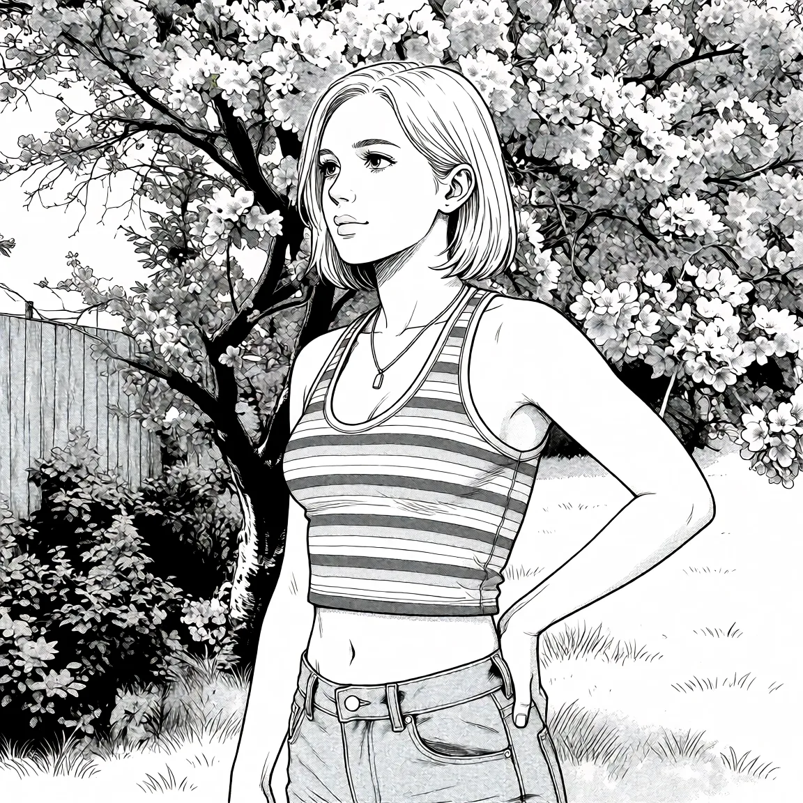 Redraw the entire picture as a black and white manga page: crisp black ink line art, no colour anywhere, flat halftone screentone shading, hatched shadows and clean white highlights, in the look of a printed manga panel. The background is drawn in the same style. Nothing in the frame keeps its photographic appearance. Above all, the picture must show: раздвигает попку.